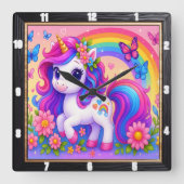 Horloge Carrée Joyeux Rainbow Unicorn Floral (Recto)