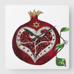 Horloge Carrée Judaïca Grenade Cœur Hanoukka Rosh Hashanah