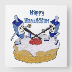 Horloge Carrée Judaica Happy Hanukkah Dancing Dreidels