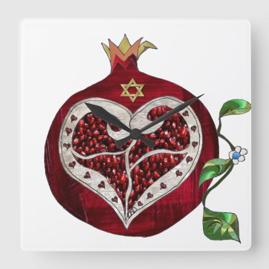 Horloge Carrée Judaica Pomegranate Heart Hanoukka Rosh Hashanah (Recto)