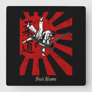 Horloge Carrée Judo Martial Arts with vintage japanese Rising Sun