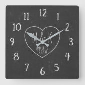 Horloge Carrée Juste Marié Rustic Heart Monogram Faux Chalkboard (Recto)