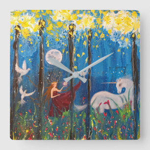 Horloge Carrée Kairos Woman and Unicorn Forest Imaginaire Art