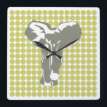 Horloge Carrée Kaki Safari point avec Pop Art Elephant<br><div class="desc">Motif de pois mod dans la palette de couleurs "Safari" d'Emporio Moffa avec design Pop Art Elephant sur l'avant et points simples sur l'arrière.</div>