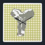 Horloge Carrée Kaki Safari point avec Pop Art Elephant<br><div class="desc">Motif de pois mod dans la palette de couleurs "Safari" d'Emporio Moffa avec design Pop Art Elephant sur l'avant et points simples sur l'arrière.</div>