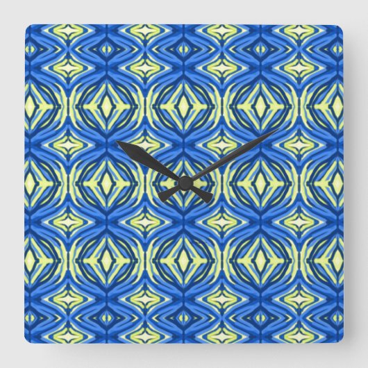 Horloge Carrée Kaleidoscope bleu et jaune (Recto)
