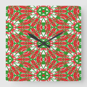 Horloge Carrée Kaleidoscope rouge, vert et blanc