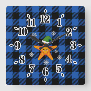 Horloge Carrée Kawaii Xmas Starfish sur Blue Buffalo Motif