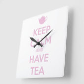 Horloge Carrée Keep Calm and Have Tea Pink on White (Angle)