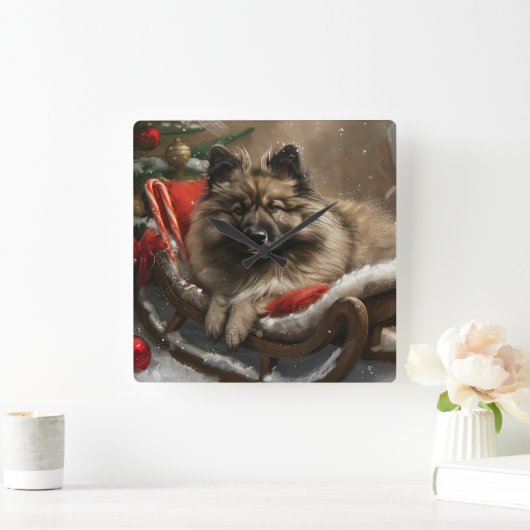 Horloge Carrée keeshond Festive de Noël de chien (Maison)