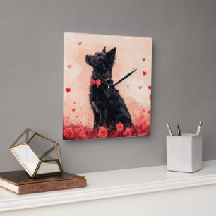 Horloge Carrée Kelpie australien avec des roses - Saint-Valentin