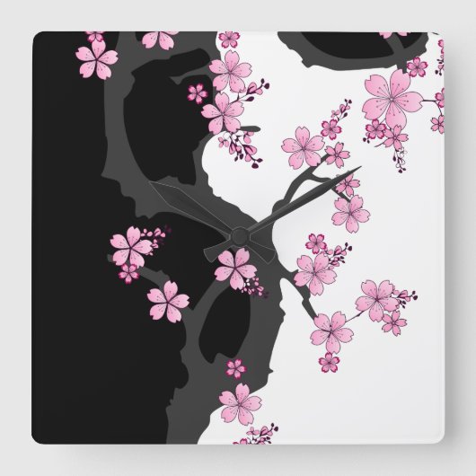 Horloge Carrée Kimono japonais Sakura noir et blanc (Recto)