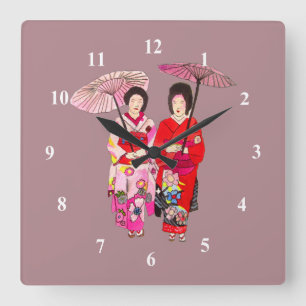 Horloge Carrée Kimono rose japonais
