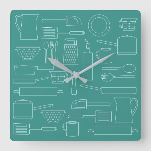 Horloge Carrée Kitchen Cooking Utensils Theme Teal Kitchen Clock (Recto)