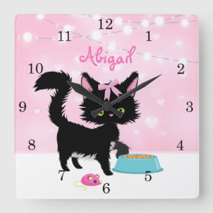 Horloge Carrée Kitten Cat Pink et White Girly
