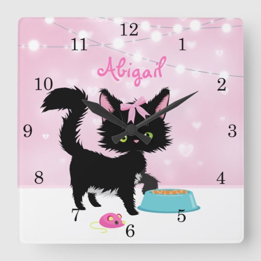 Horloge Carrée Kitten Cat Pink et White Girly (Recto)