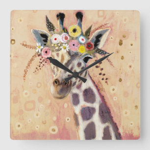 Horloge Carrée Klimt Giraffe   Adorned In Flowers