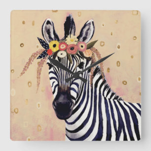 Horloge Carrée Klimt Zebra   Orné De Fleurs