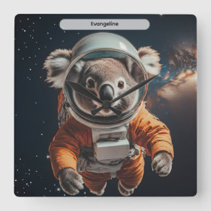 Horloge Carrée Koala Astronaute Espace Surrealiste Animal Personn