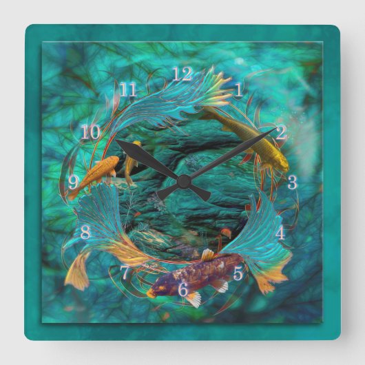 Horloge Carrée Koi Fish NAGER EN PAIX (Recto)