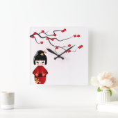 Horloge Carrée Kokeshi doll under sakura branch wall clock (Maison)