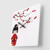 Horloge Carrée Kokeshi doll under sakura branch wall clock (Angle)