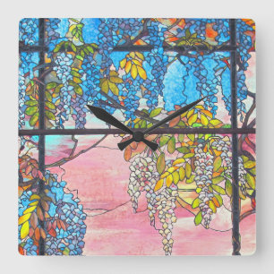 Horloge Carrée La glycine en verre souillé de Nouveau d'art