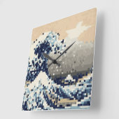 Horloge Carrée La Grande Vague de l'art Pixel Kanagawa 8 bits (Angle)