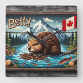 Horloge Carrée La nidification canadienne du castor par Mountain  (Recto)