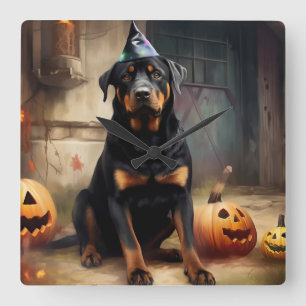 Horloge Carrée La peur de l'Halloween Citrouille de Rottweiler