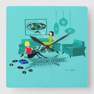 Horloge Carrée La rétro nuit des filles dans l'horloge murale