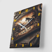 Horloge Carrée La sculpture sur bois sur mesure du cheval et de l (Angle)