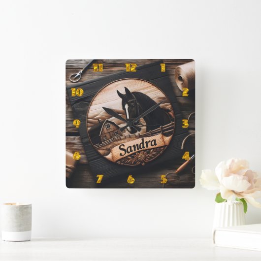 Horloge Carrée La sculpture sur bois sur mesure du cheval et de l (Maison)