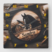 Horloge Carrée La sculpture sur bois sur mesure du cheval et de l (Recto)