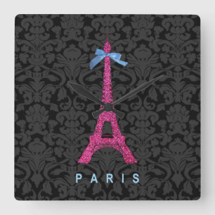 Horloge Carrée La tour Eiffel rose-chaud en faux parties scintill