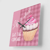 Horloge Carrée La vie est courte Mat Cupcake rose En vichy (Angle)