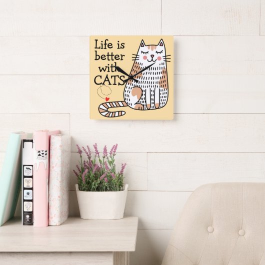 Horloge Carrée La Vie Est Meilleure Avec Les Chats Doodle (Salle de lecture)