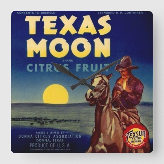 Horloge Carrée Label Texas Moon Citrus Fruit Crate (Recto)