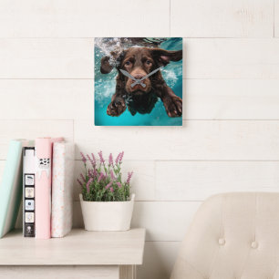 Horloge Carrée Labrador chocolat joueur nageant sous l'eau