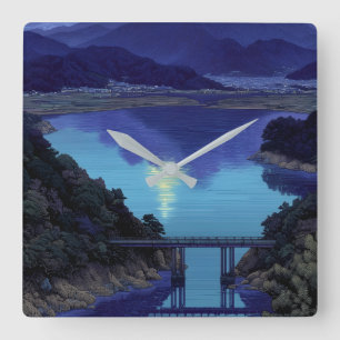 Horloge Carrée Lac Bleu au Clair de Lune & Mur d'Art de Montagne 