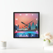 Horloge Carrée Lac d'hiver pittoresque avec Cerf (Maison)