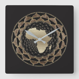Horloge Carrée L'Afrique dans un motif d'or et de bronze