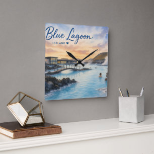 Horloge Carrée Lagon bleu Islande bain thermal aquarelle 