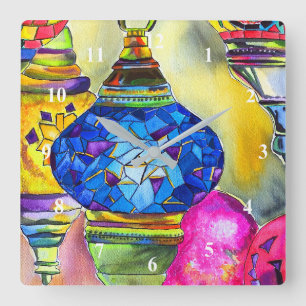 Horloge Carrée Lampes turques mosaïque aquarelle fine art