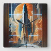 Horloge Carrée Lancement Lunaire - Voyage vers Moon Retro Poster (Recto)