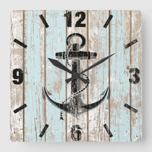 Horloge Carrée L'Ancre nautique barre le bois