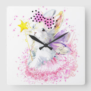 Horloge Carrée Lapin de fée d'aquarelle