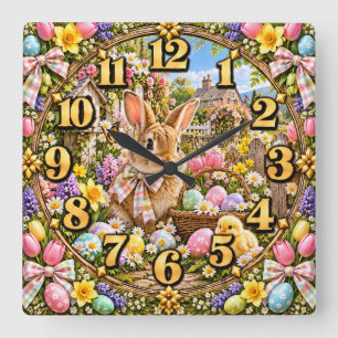 Horloge Carrée Lapin de Pâques & Jardin de Printemps de Poussin