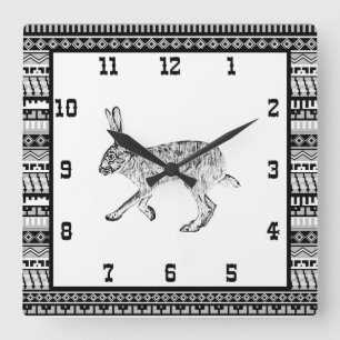 Horloge Carrée Lapin Jackrabbit du Sud-Ouest et motifs géométriqu