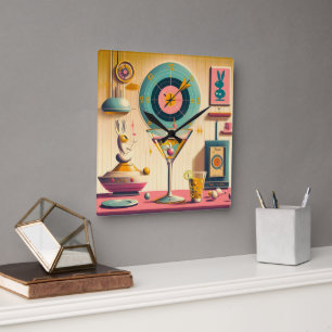 Horloge Carrée Lapin Martini Rétro Futuriste du Milieu du Siècle